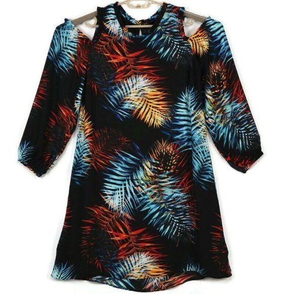 Worthington Cold‎ Shoulder Dress Black Blue Orange Red Hawaiian Palm Floral 8 - Picture 1 of 12